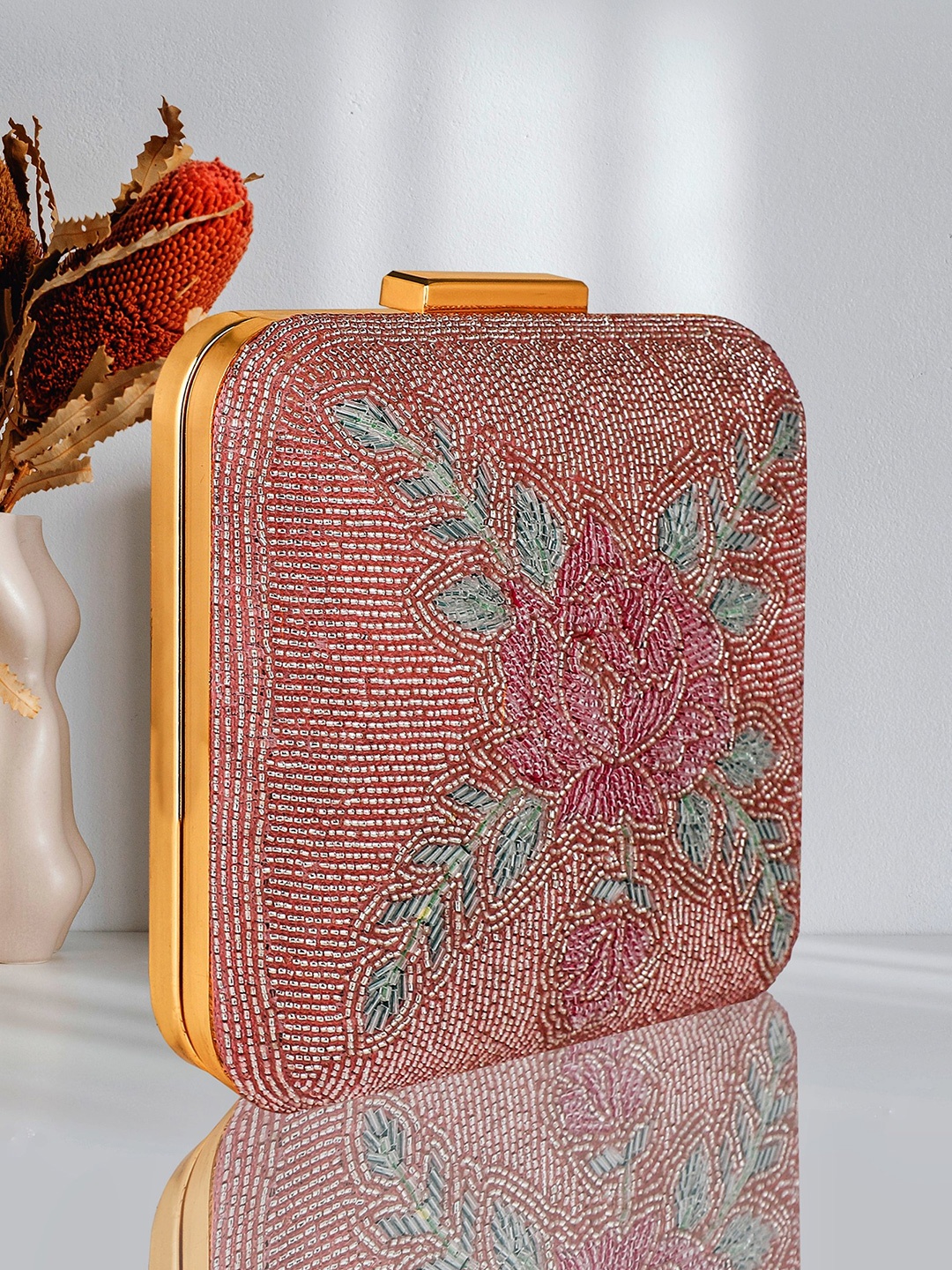 

YESSBENZA Embroidered Embellished Box Clutch, Peach