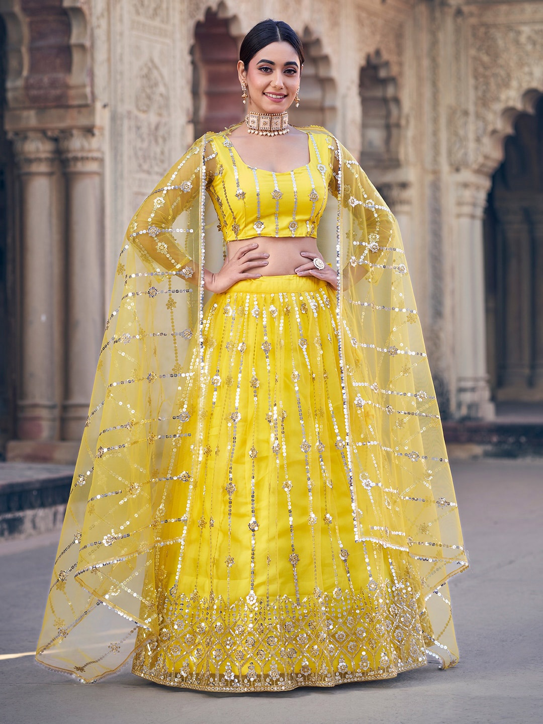 

SHOPGARB Embroidered Sequinned Semi-Stitched Lehenga & Unstitched Blouse With Dupatta, Yellow
