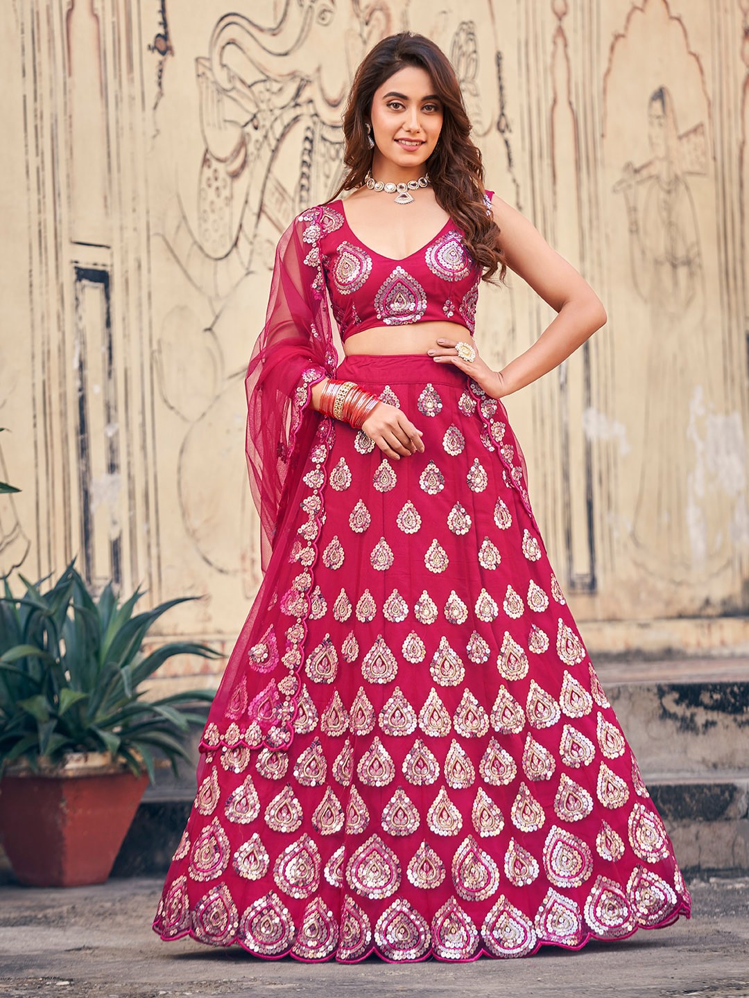 

SHOPGARB Embroidered Sequinned Semi-Stitched Lehenga & Unstitched Blouse With Dupatta, Pink