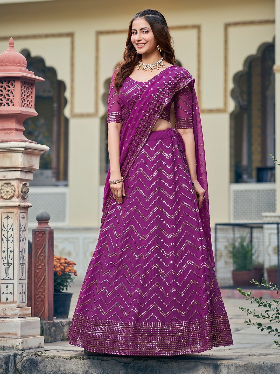 

SHOPGARB Embroidered Semi-Stitched Lehenga & Unstitched Blouse With Dupatta, Purple