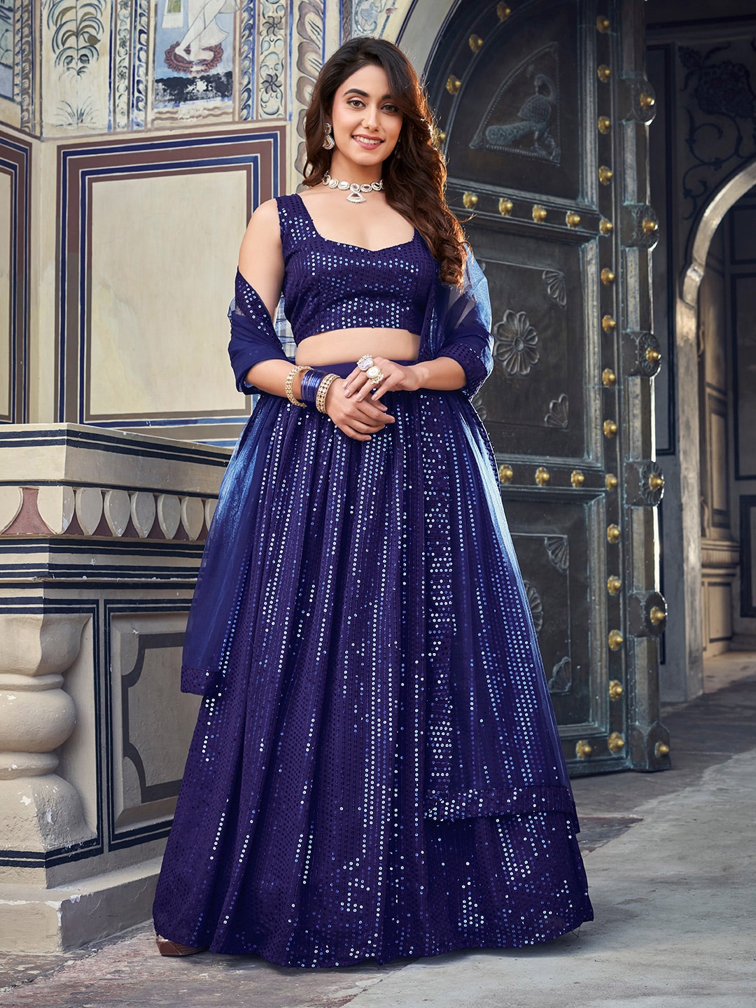 

SHOPGARB Embroidered Sequinned Semi-Stitched Lehenga & Unstitched Blouse With Dupatta, Navy blue