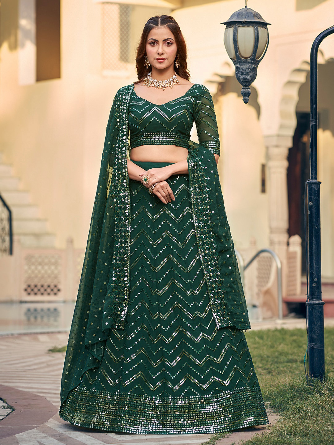 

SHOPGARB Embroidered Sequinned Semi-Stitched Lehenga & Unstitched Blouse With Dupatta, Green