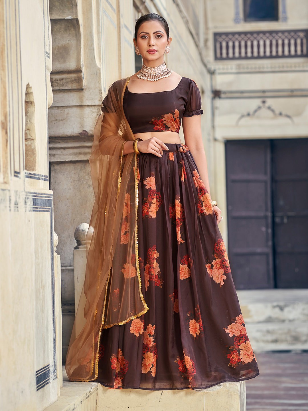 

SHOPGARB Floral Printed Sequinned Semi-Stitched Lehenga & Unstitched Blouse With Dupatta, Brown