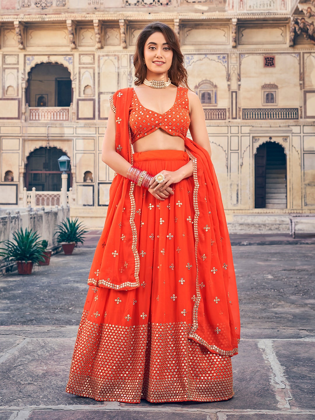 

SHOPGARB Embroidered Sequinned Semi-Stitched Lehenga & Unstitched Blouse With Dupatta, Orange