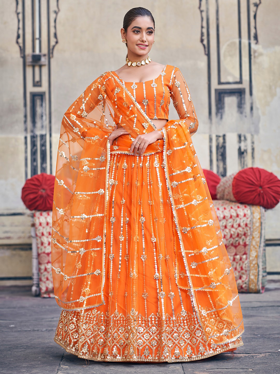 

SHOPGARB Embroidered Sequinned Semi-Stitched Lehenga & Unstitched Blouse With Dupatta, Orange