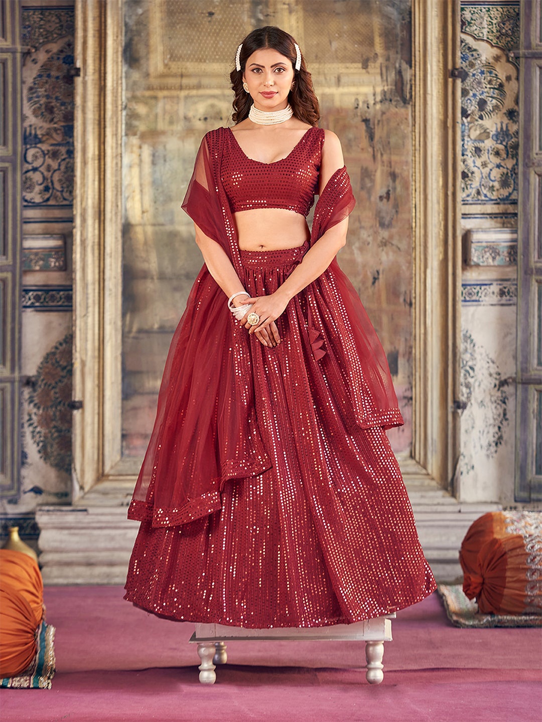 

SHOPGARB Embroidered Sequinned Semi-Stitched Lehenga & Unstitched Blouse With Dupatta, Maroon