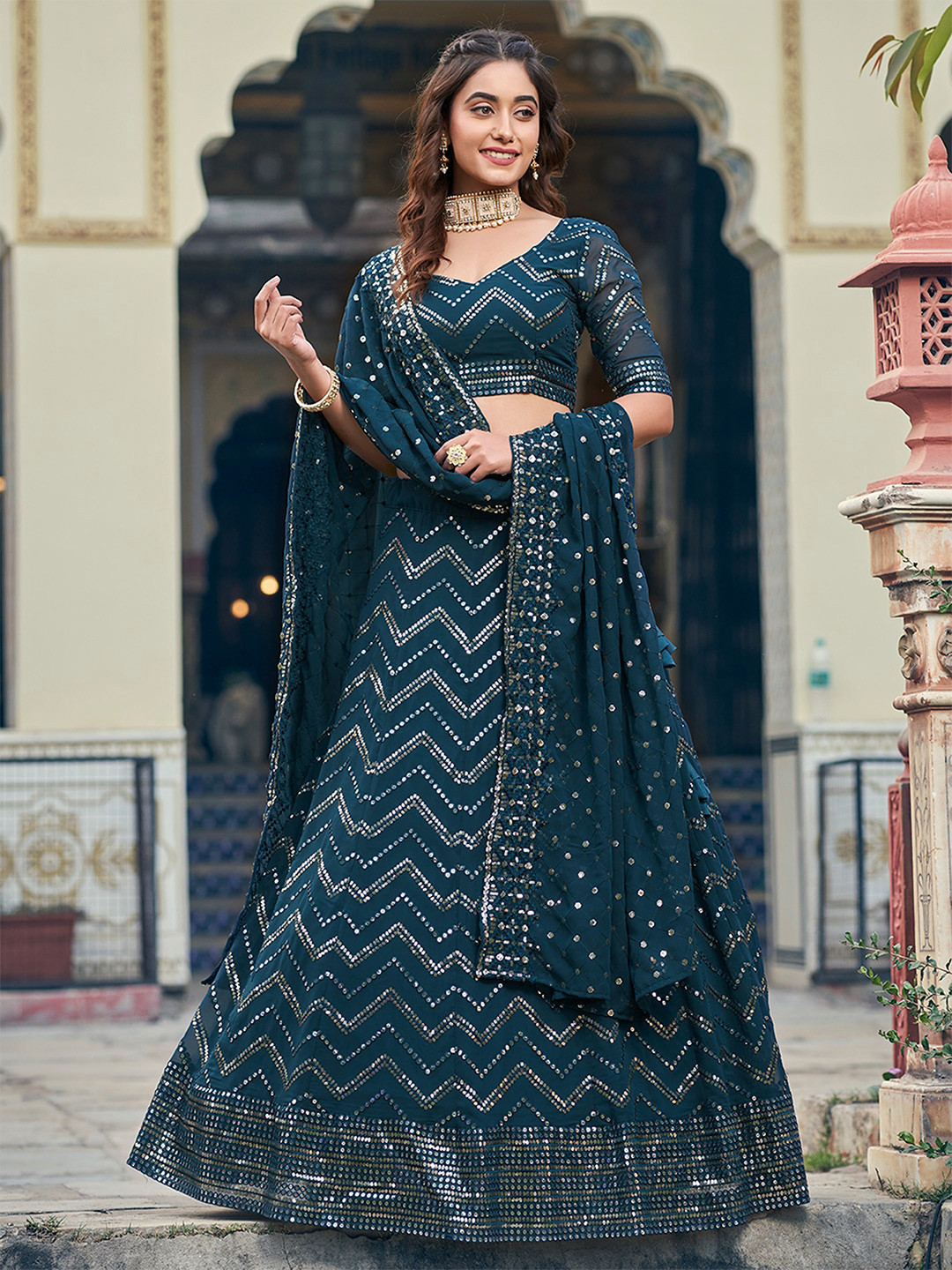

SHOPGARB Embroidered Sequinned Semi-Stitched Lehenga & Unstitched Blouse With Dupatta, Teal
