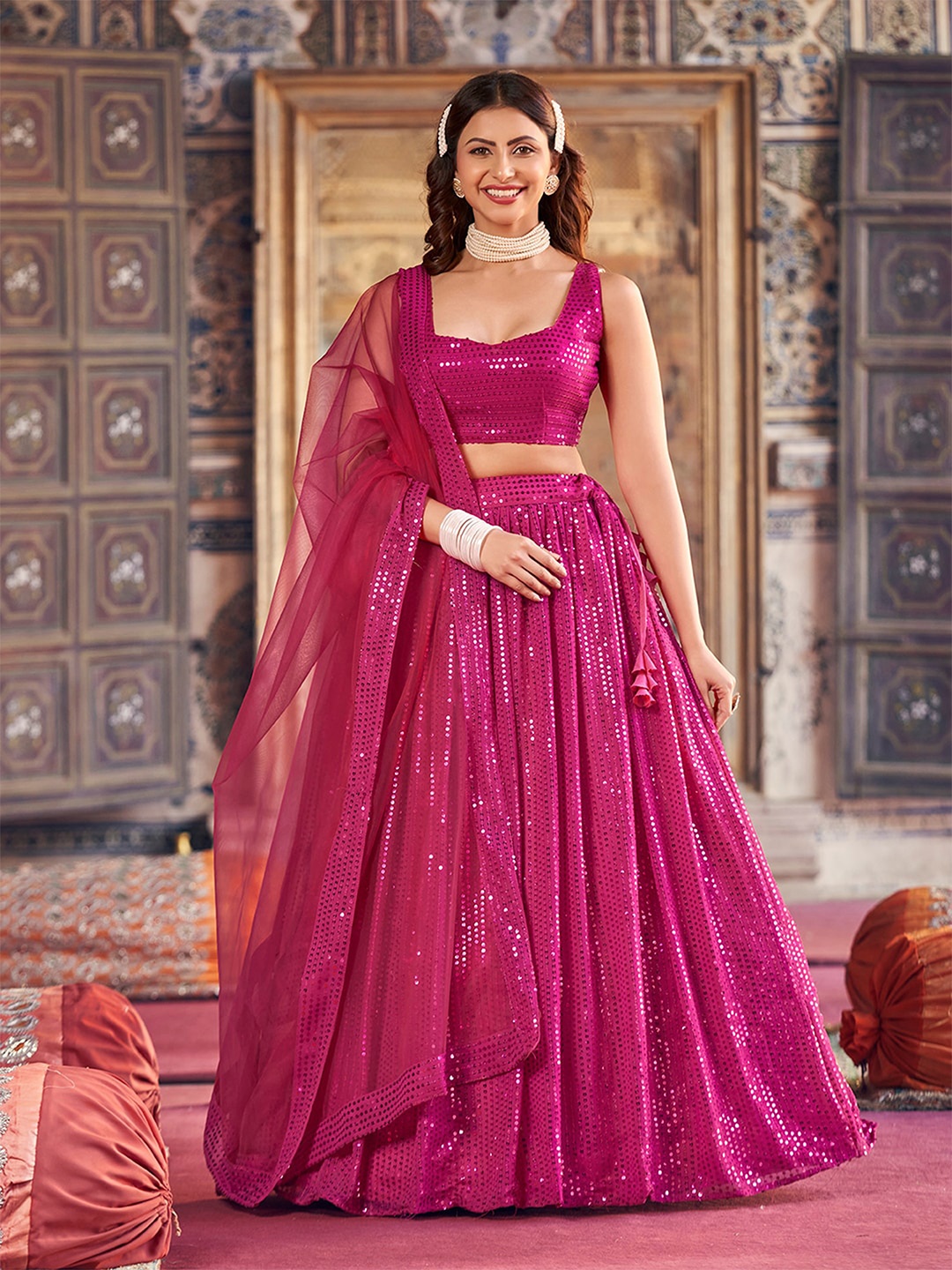 

SHOPGARB Embroidered Sequinned Semi-Stitched Lehenga & Unstitched Blouse With Dupatta, Pink