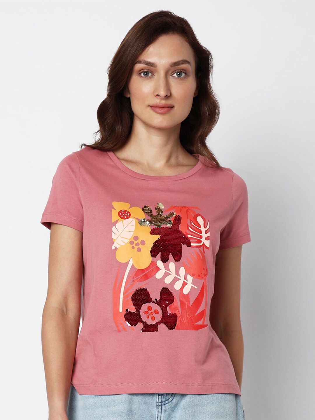 

Vero Moda Floral Printed Cotton T-shirt, Pink