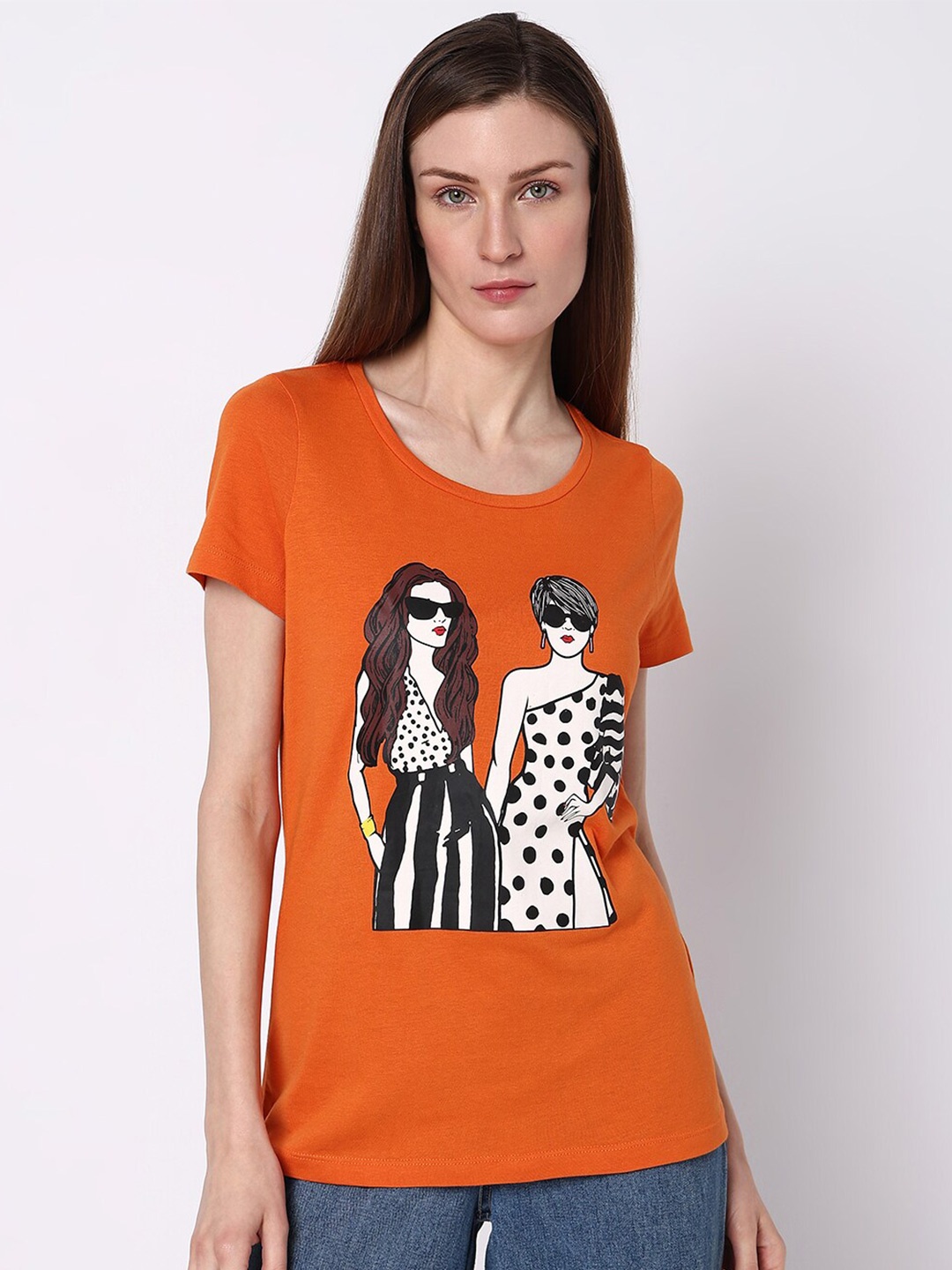 

Vero Moda Graphic Printed Cotton T-shirt, Orange