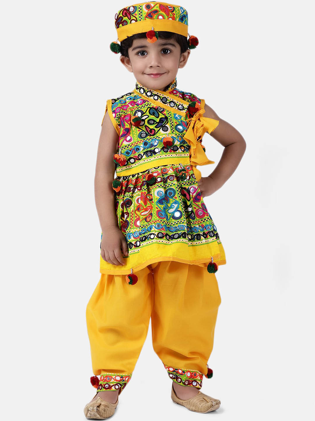 

BownBee Boys Ethnic Motifs Embroidered Mirror Work Kurta with Dhoti Pants & Cap, Yellow
