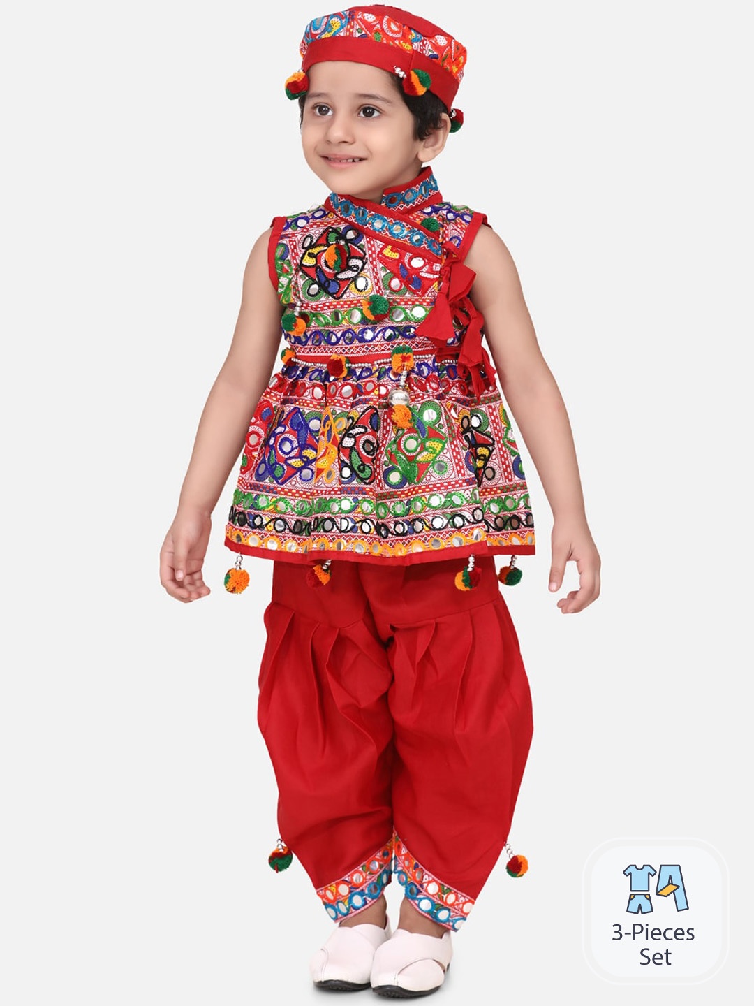 BownBee Boys Ethnic Motifs Embroidered Mirror Work Kurta with Dhoti Pants & Cap, Red
