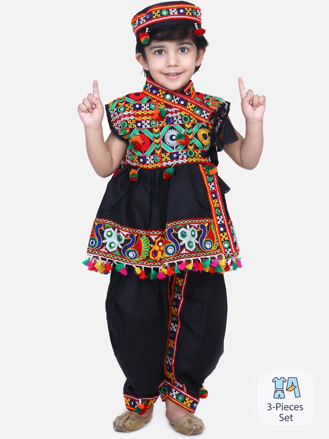 

BownBee Boys Ethnic Motifs Embroidered Mirror Work Kurta with Dhoti Pants & Cap, Black