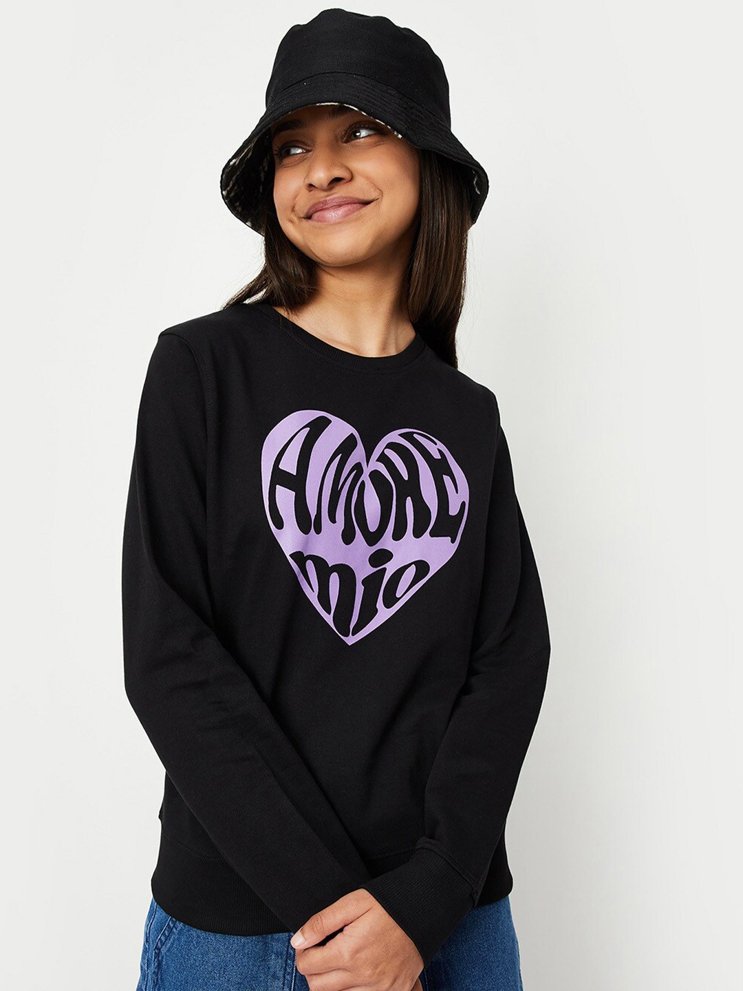 

max Girls Typography Printed Cotton Sweatshirt, Black