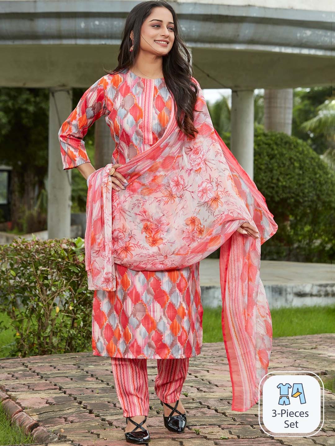 

PREMROOP- THE STYLE YOU LOVE Geometric Printed Kurta With Trousers & Dupatta, Orange