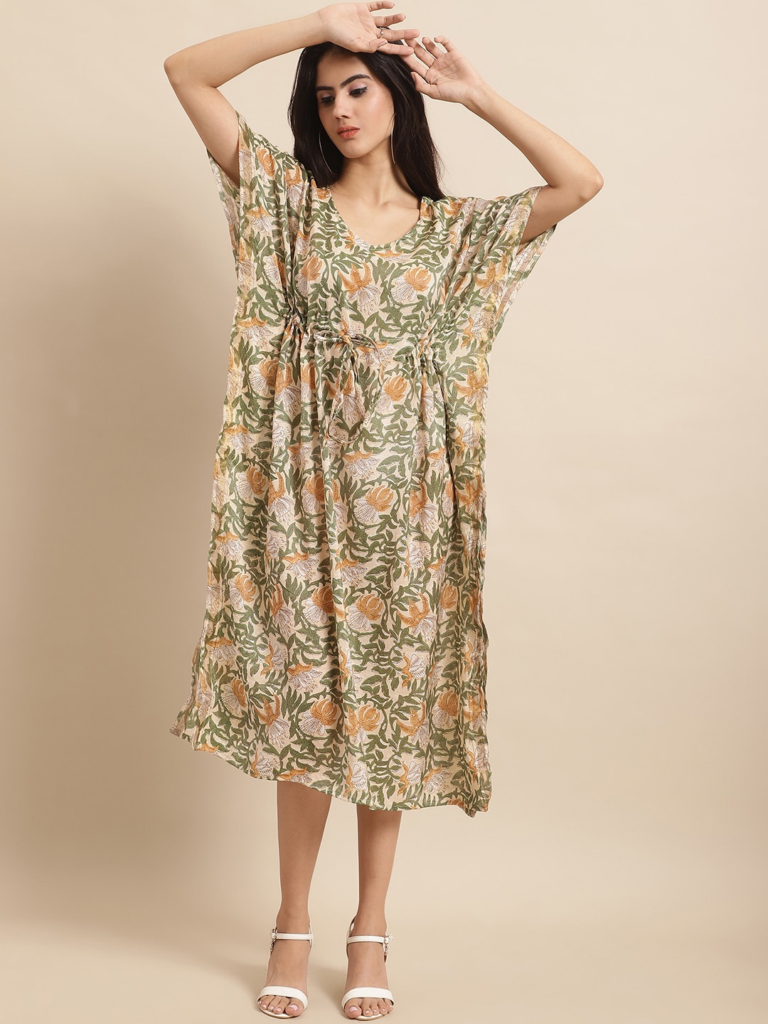 

Aawari Floral Printed V-Neck Flared Sleeves Gathered Detailed Silk Kaftan Midi Dress, Green