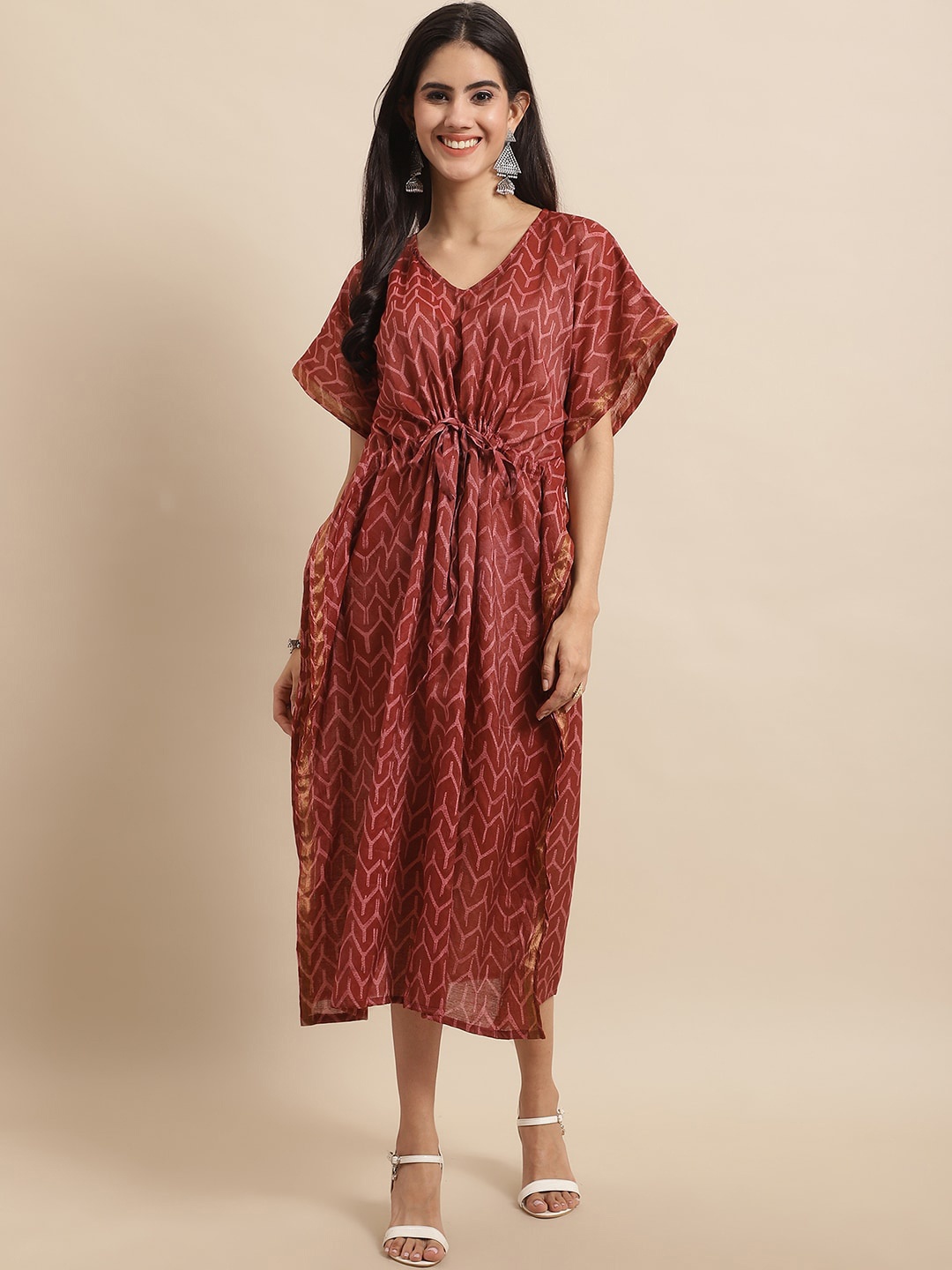 

Aawari Ethnic Motifs Printed V-Neck Gathered Detailed Silk Kaftan Midi Dress, Maroon