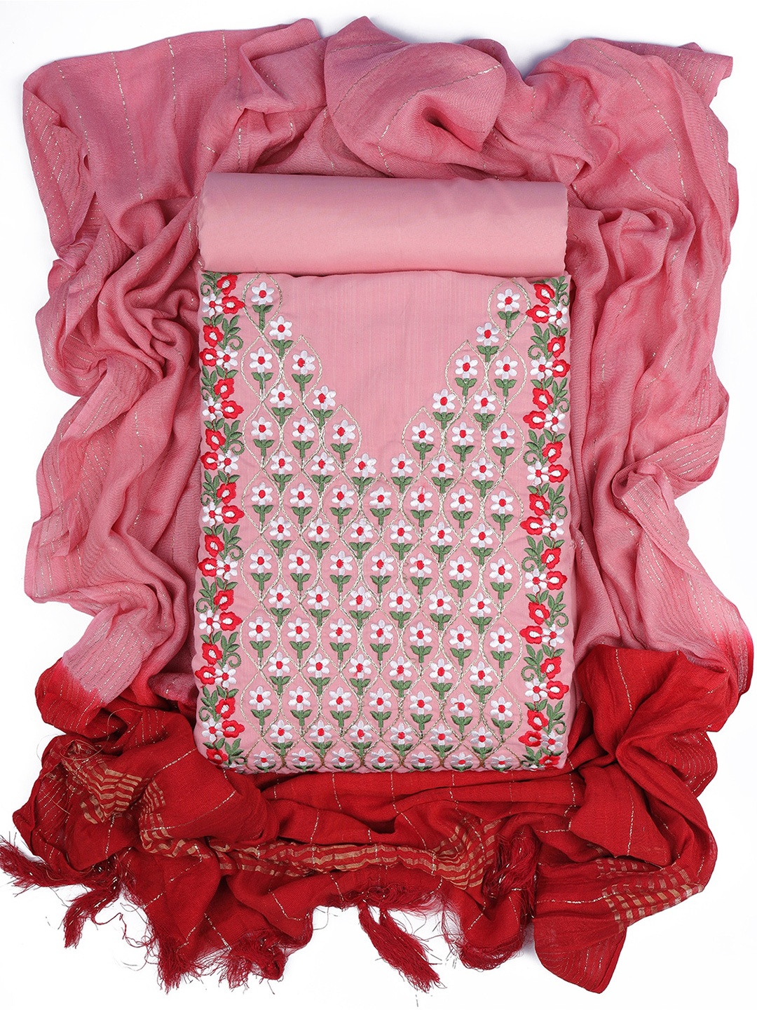 

Sun Fashion And Lifestyle Floral Embroidered Unstitched Dress Material, Peach