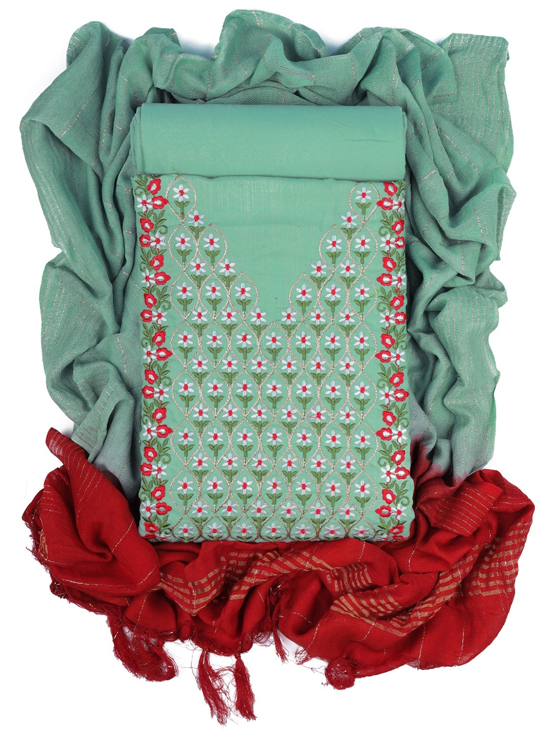 

Sun Fashion And Lifestyle Floral Embroidered Unstitched Dress Material, Green