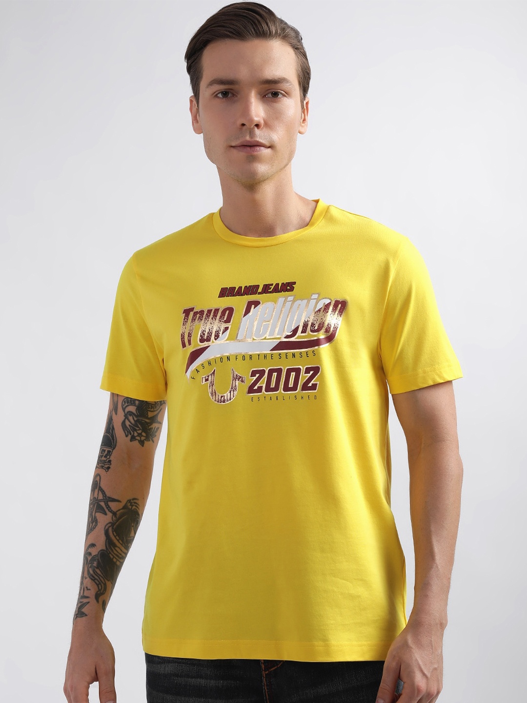 

True Religion Typography Printed Pure Cotton Casual T-shirt, Yellow