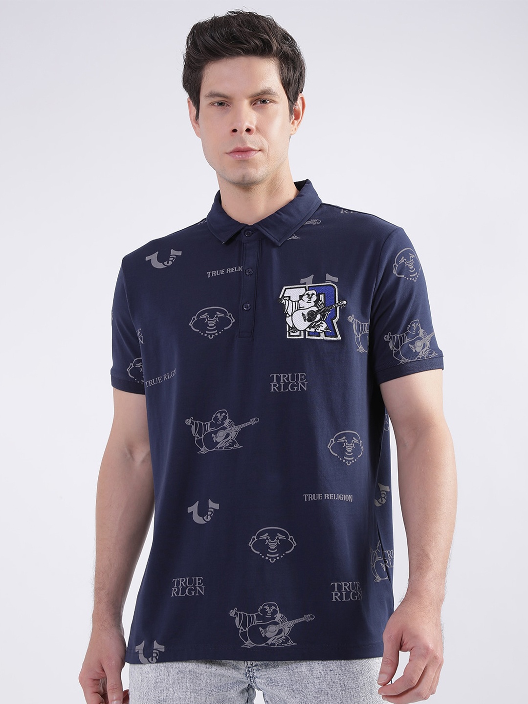 

True Religion Graphic Printed Polo Collar Casual T-shirt, Navy blue