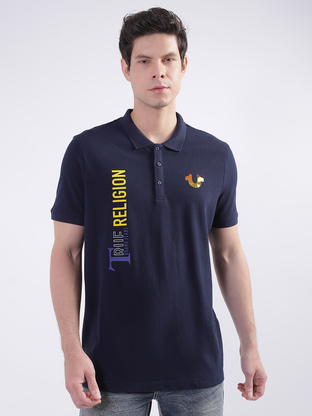 

True Religion Brand Logo Printed Polo Collar Pure Cotton T-shirt, Navy blue