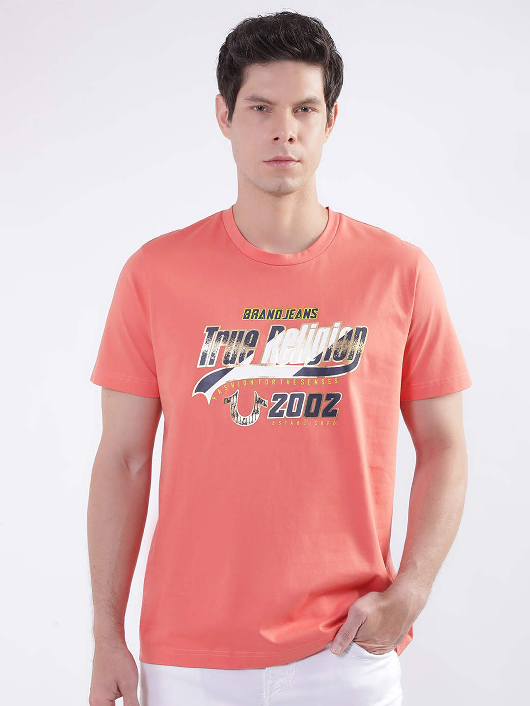 

True Religion Brand Logo Printed Pure Cotton T-shirt, Coral