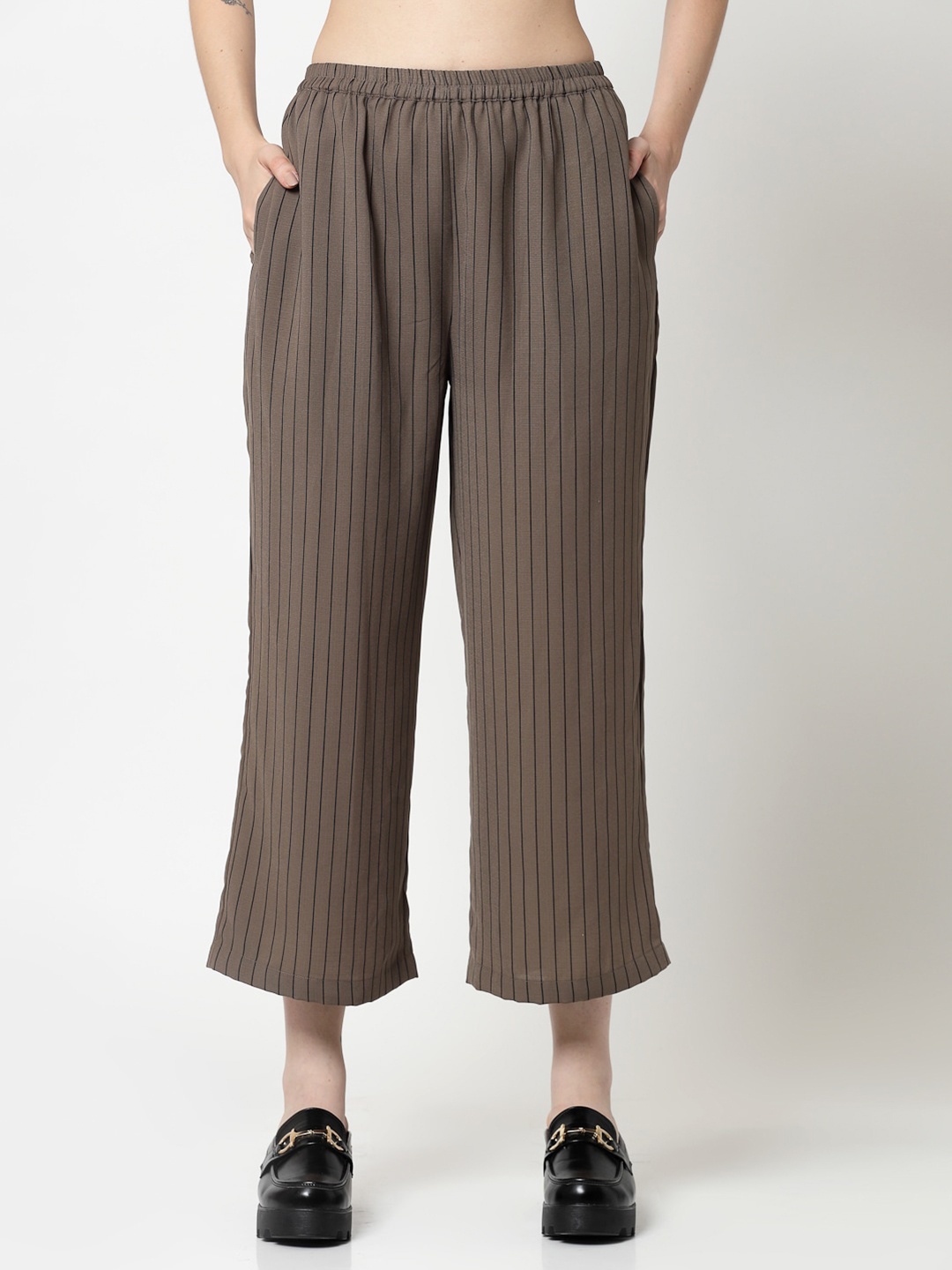 

OFFICE & YOU Women Striped Cropped Cotton Palazzos, Beige