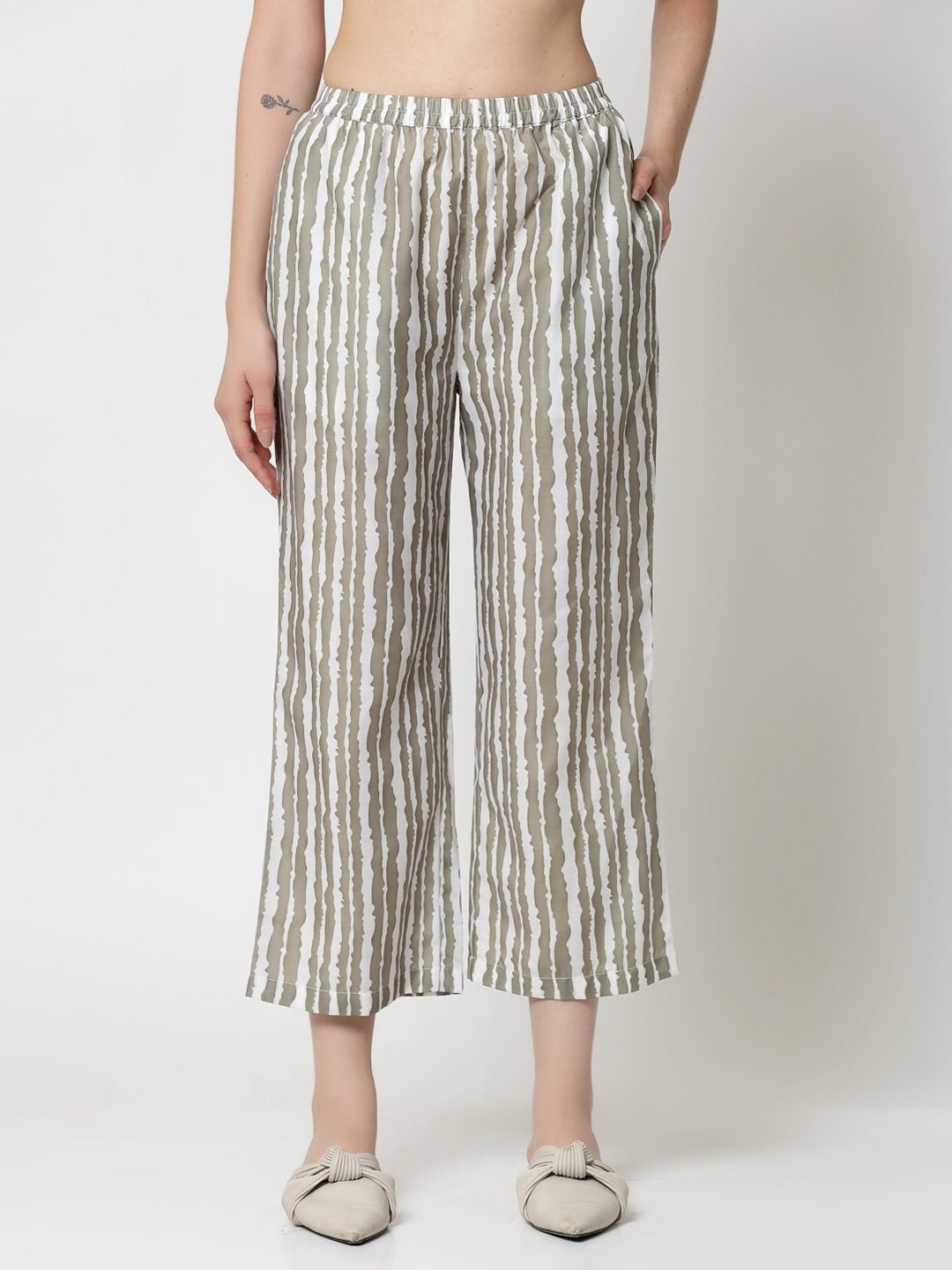 

OFFICE & YOU Striped Cotton Ethnic Palazzos, Olive