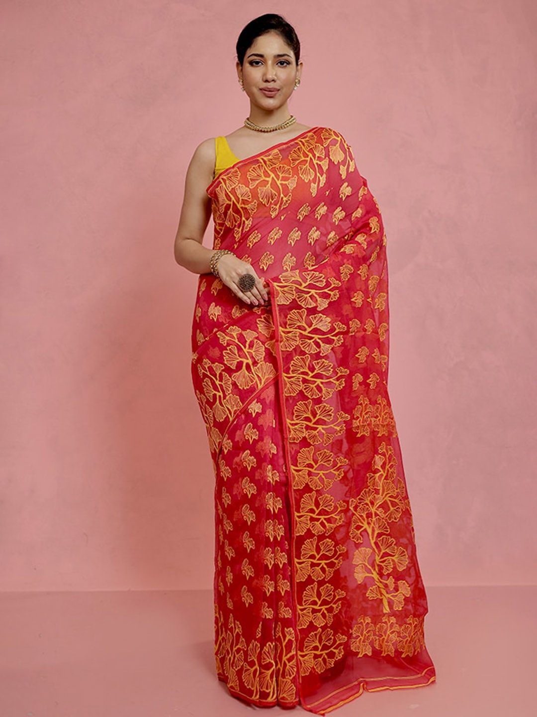 

AllSilks Ethnic Motifs Woven Design Jamdani Saree, Pink