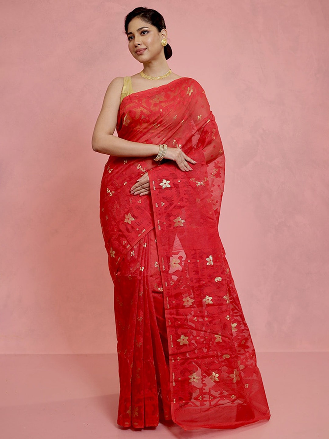 

AllSilks Ethnic Motifs Woven Design Zari Detailed Jamdani Saree, Red