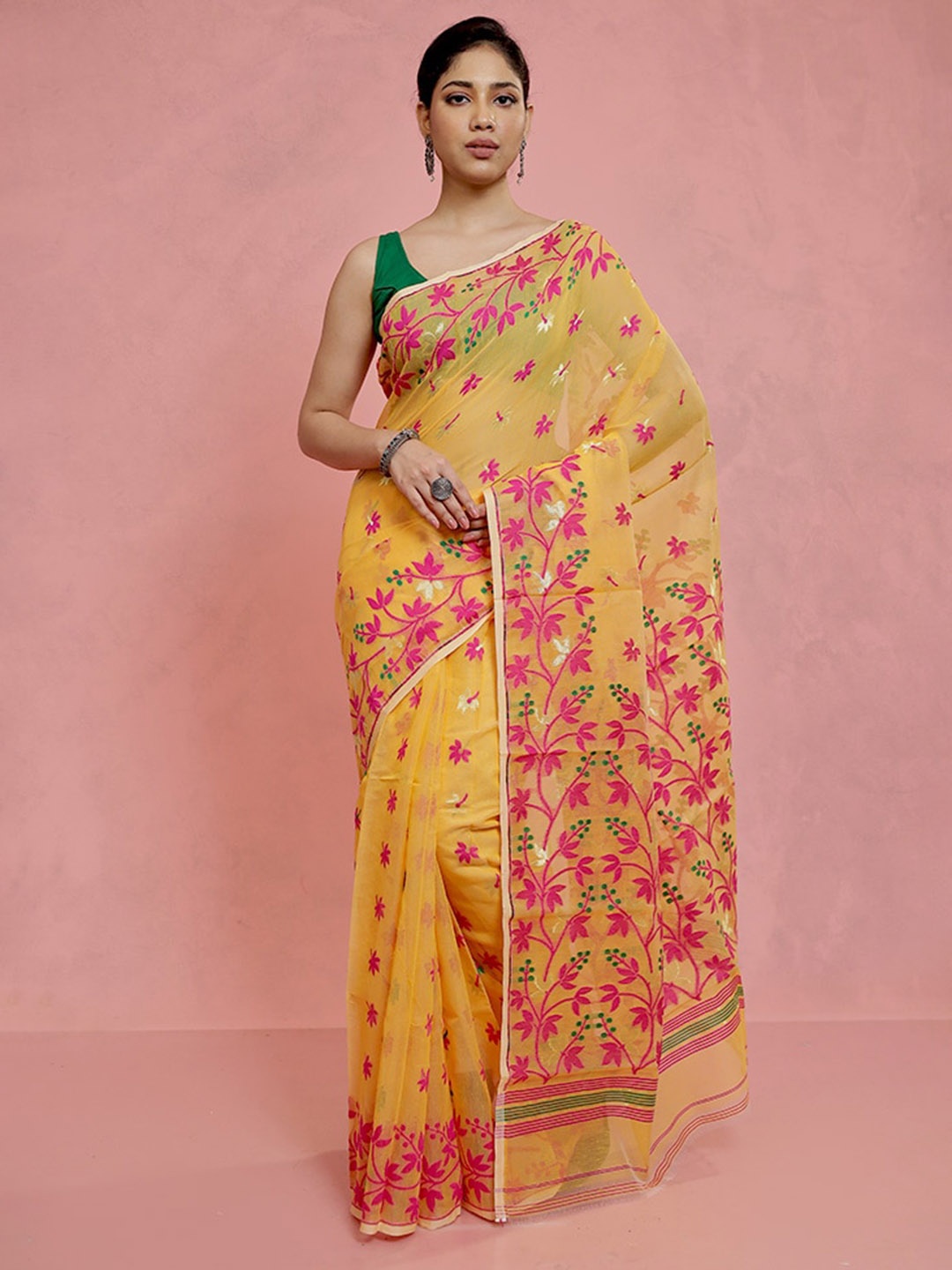 

AllSilks Ethnic Motifs Woven Design Jamdani Saree, Yellow