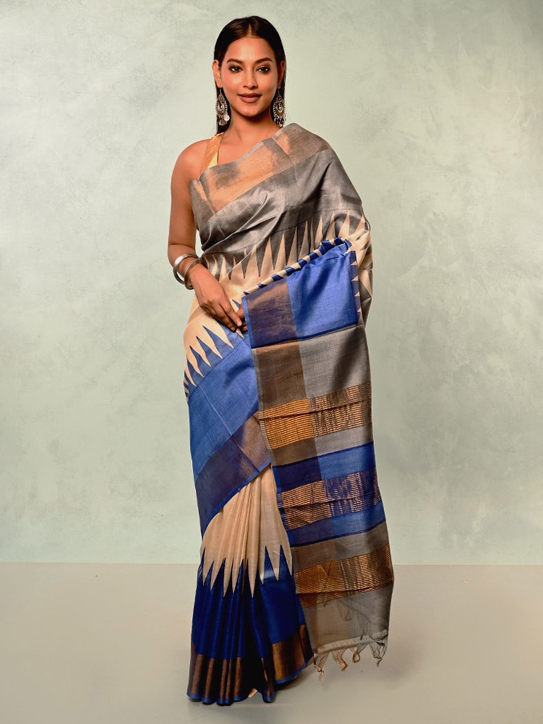 

AllSilks Geometric Woven Design Zari Detailed Tussar Saree, Blue