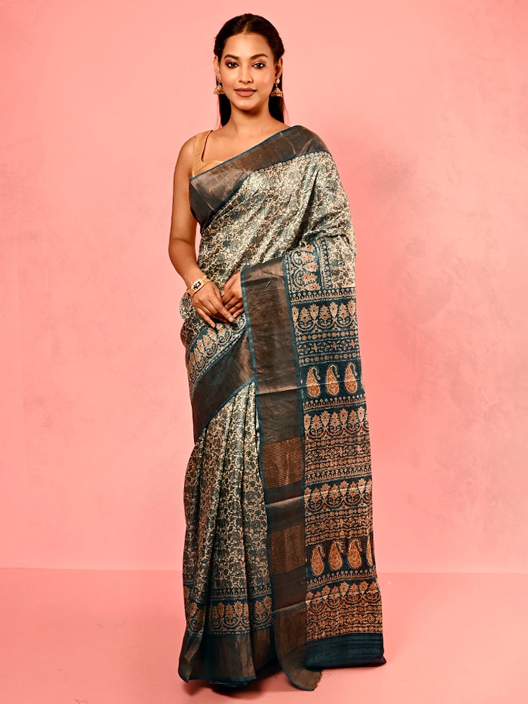 

AllSilks Floral Printed Zari Tussar Saree, Blue