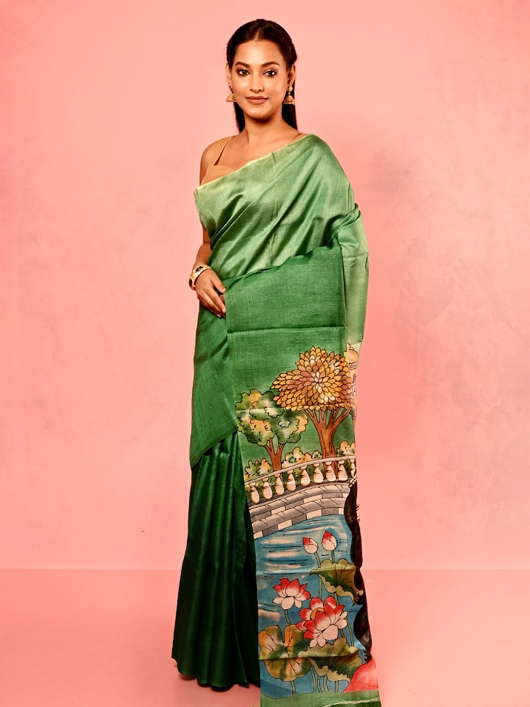 

AllSilks Ethnic Motifs Printed Pure Silk Tussar Saree, Green