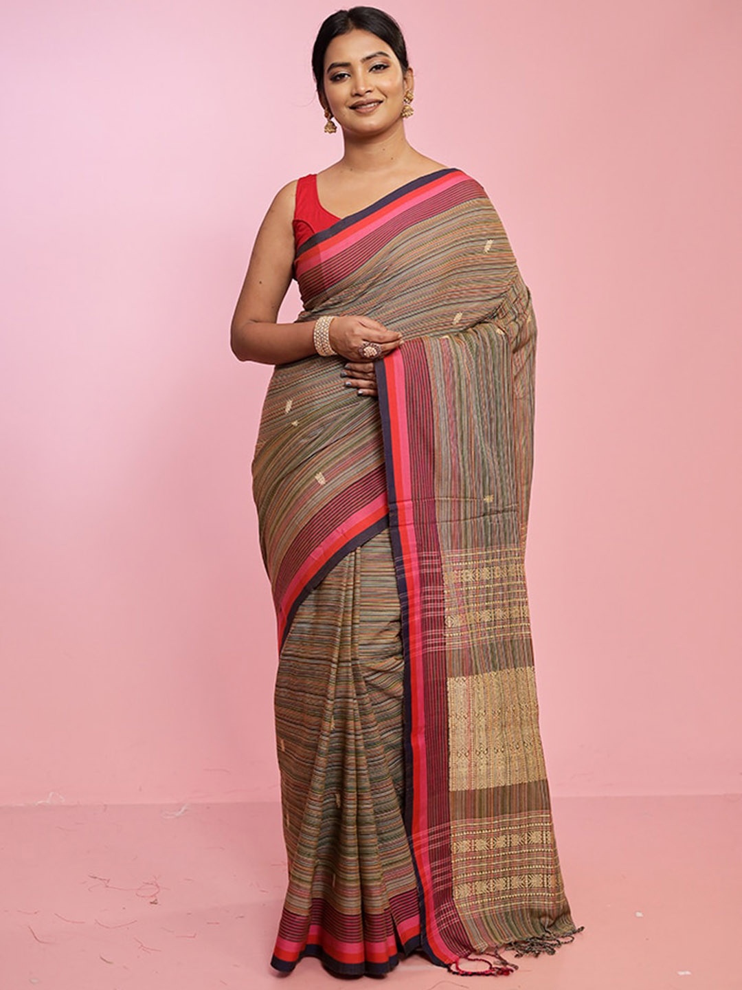 

AllSilks Striped Pure Cotton Saree, Brown