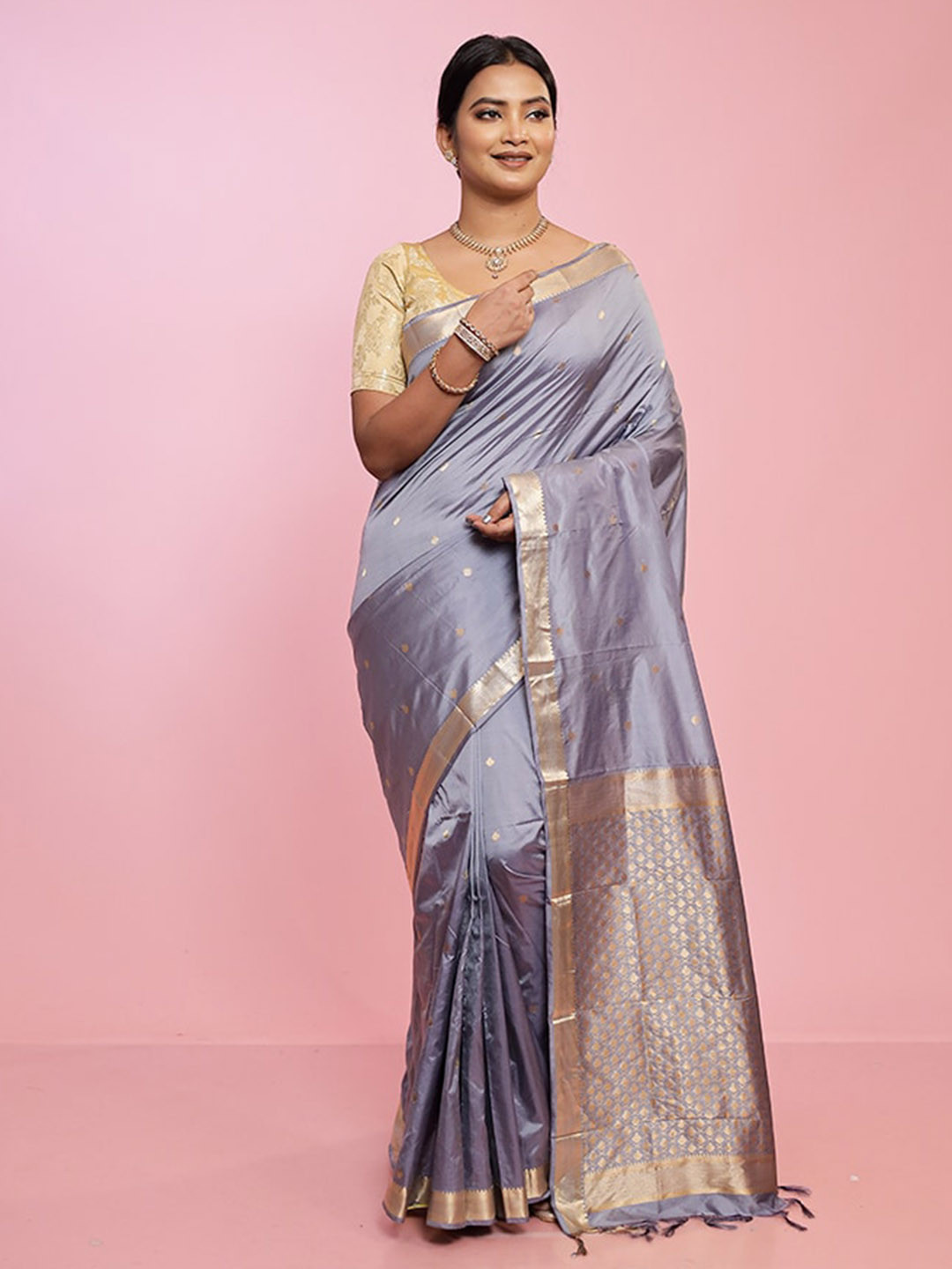 

AllSilks Ethnic Motifs Woven Design Zari Pure Silk Kanjeevaram Saree, Grey