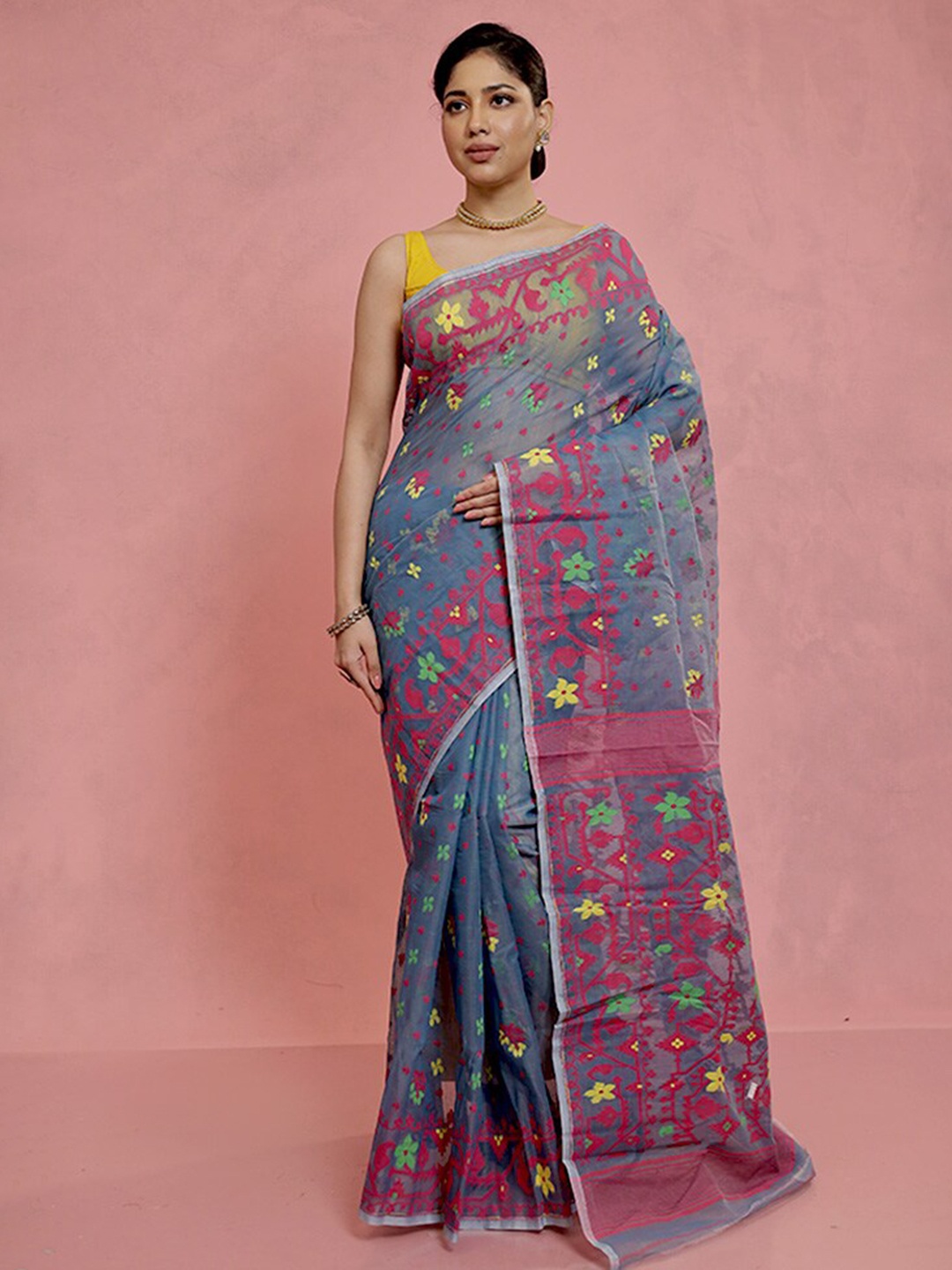

AllSilks Floral Woven Design Taant Saree, Grey