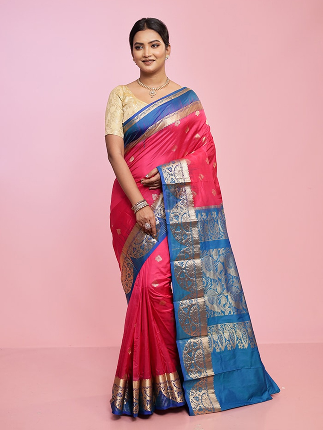 

AllSilks Ethnic Motifs Woven Design Zari Pure Silk Kanjeevaram Saree, Pink