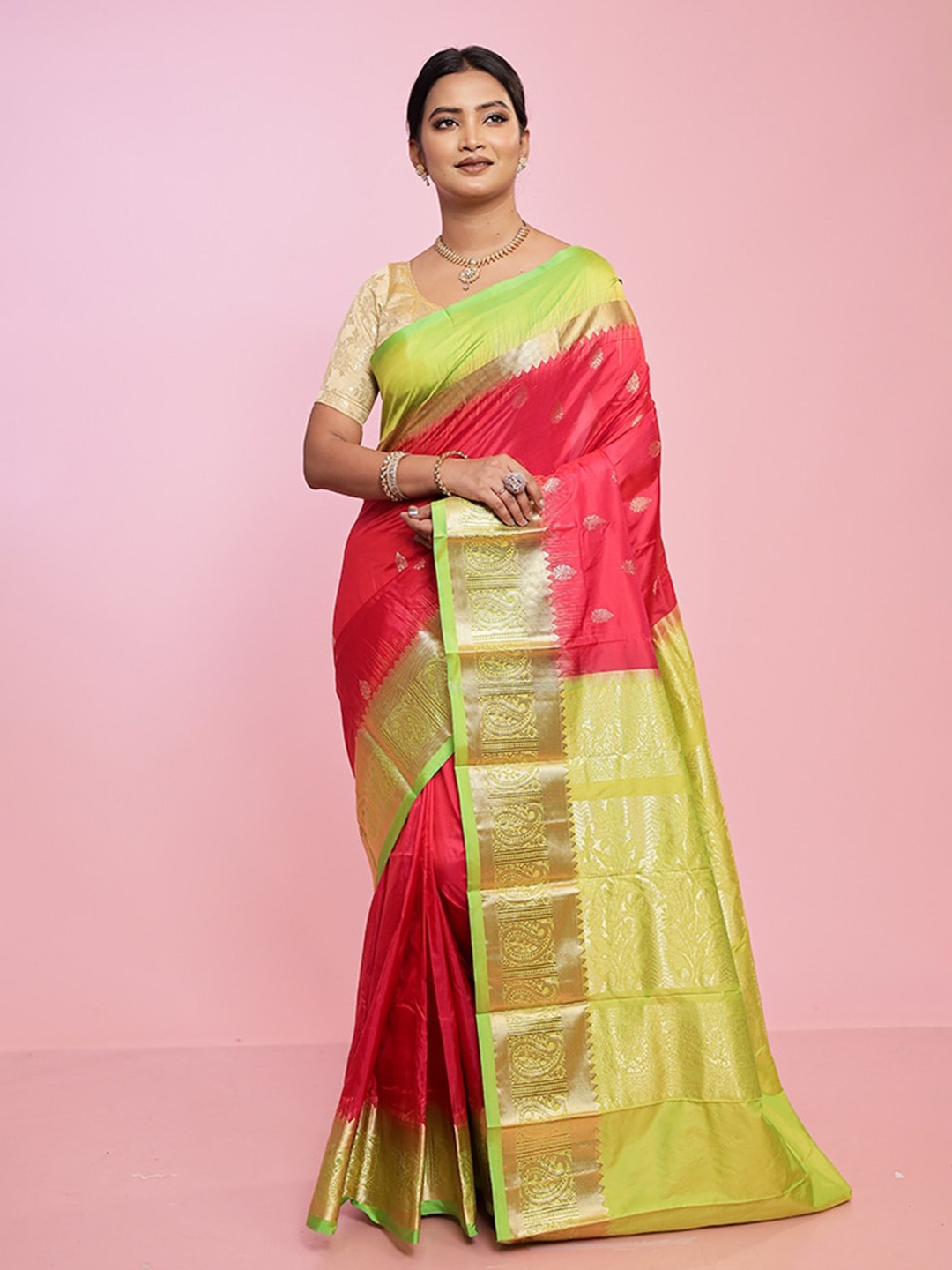 

AllSilks Ethnic Motifs Woven Design Zari Pure Silk Kanjeevaram Saree, Pink