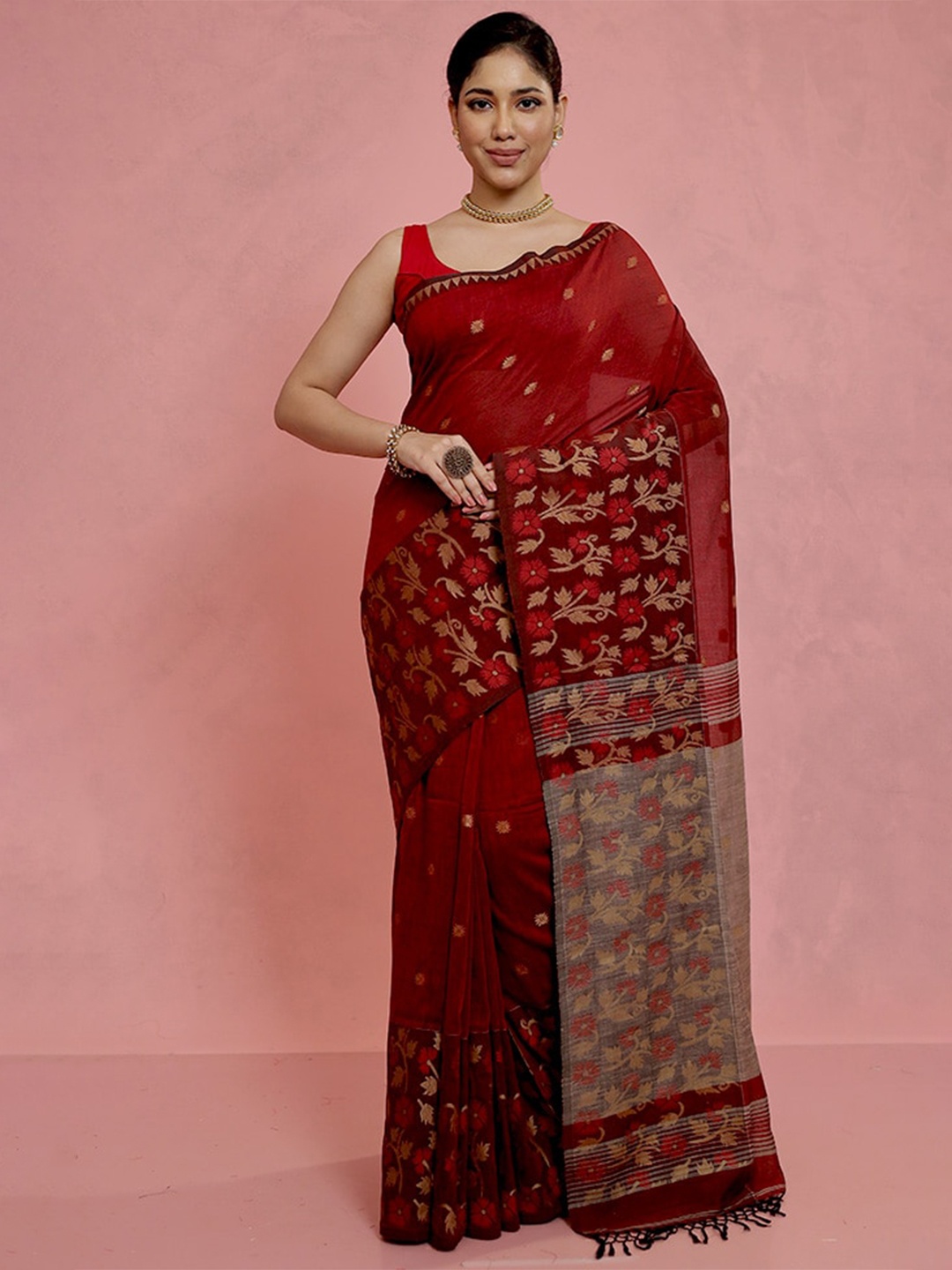 

AllSilks Floral Woven Design Zari Saree, Maroon