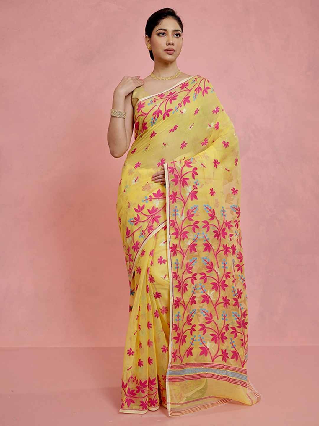 

AllSilks Woven Design Jamdani Saree, Yellow