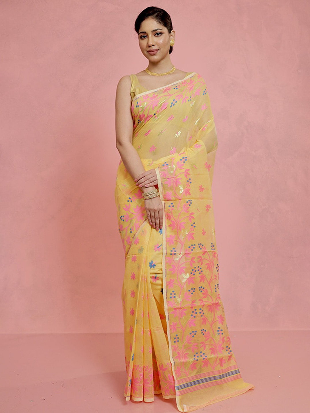 

AllSilks Woven Design Zari Jamdani Saree, Yellow