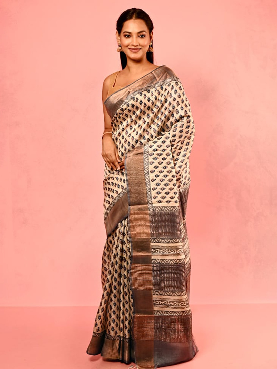 

AllSilks Ethnic Motifs Printed Silk Blend Tussar Saree, Cream
