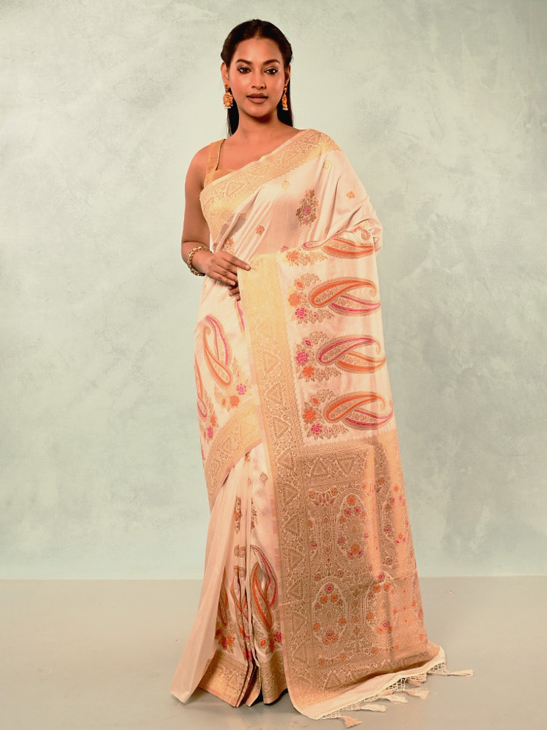 

AllSilks Woven Design Zari Silk Blend Saree, White