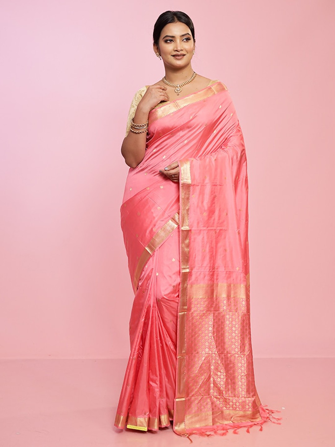 

AllSilks Woven Design Zari Pure Silk Kanjeevaram Saree, Pink