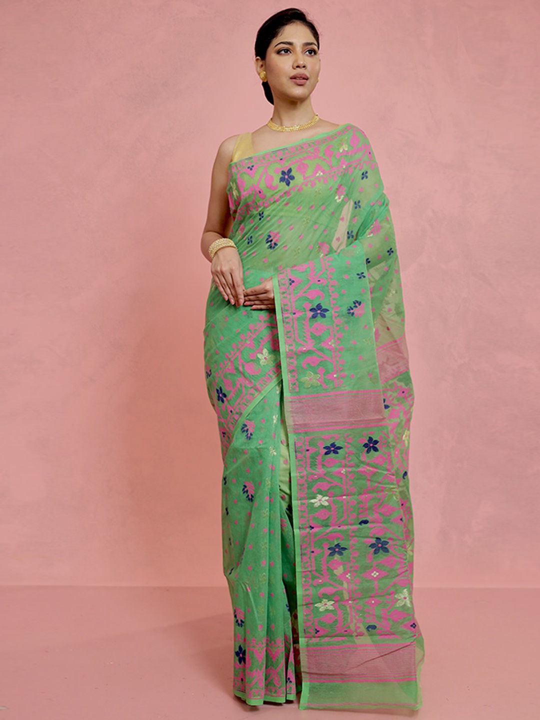 

AllSilks Woven Design Zari Jamdani Saree, Green