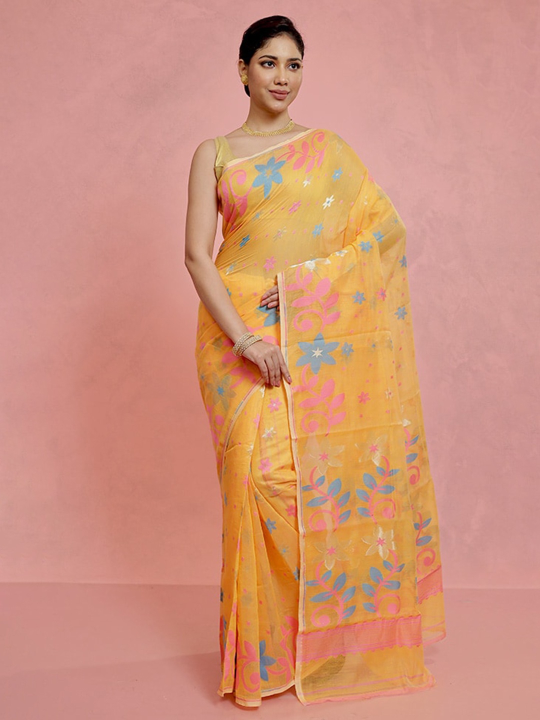 

AllSilks Woven Design Jamdani Saree, Yellow