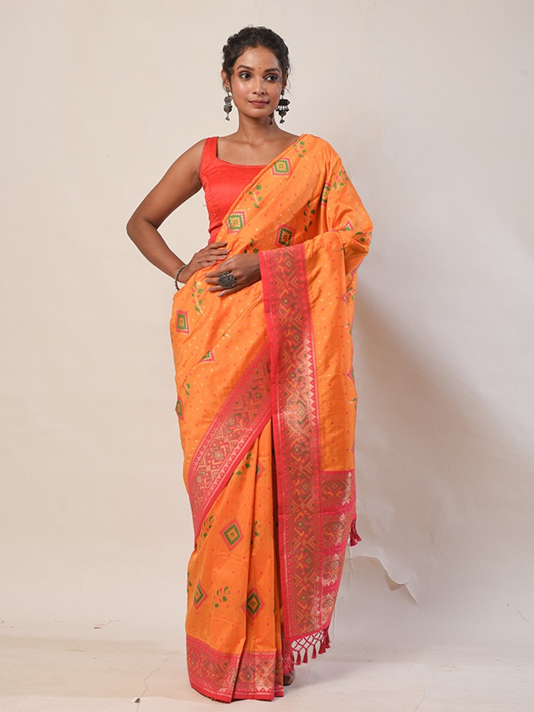 

AllSilks Geometric Woven Design Zari Saree, Orange