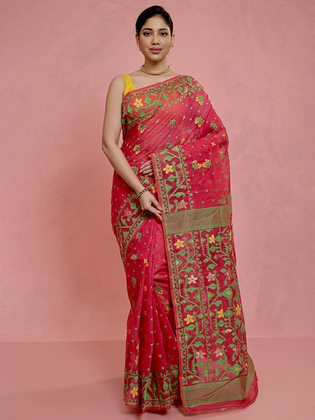 

AllSilks Floral Woven Design Taant Saree, Pink